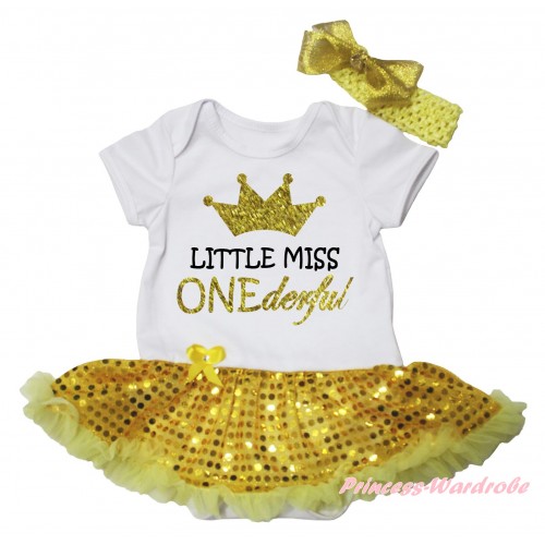 White Baby Bodysuit Bling Yellow Sequins Pettiskirt & Little Miss ONEderful Painting JS6686