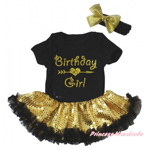 Black Baby Bodysuit Bling Yellow Sequins Black Pettiskirt & Birthday Girl Painting JS6688