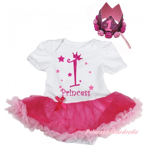 White Baby Bodysuit Jumpsuit Hot Light Pink Pettiskirt & 1st Princess Painting & Glitter Rose Floral Pink Crown Headband JS6703