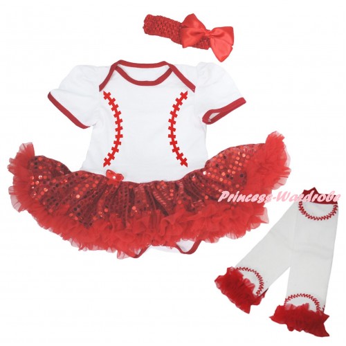 White Baby Bodysuit Bling Red Sequins Pettiskirt & Baseball Painting & Warmers Leggings JS6717