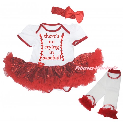 White Baby Bodysuit Bling Red Sequins Pettiskirt & There's No Crying In Baseball Painting & Warmers Leggings JS6718