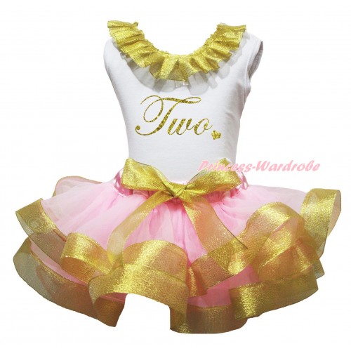 White Tank Top Sparkle Gold Lacing & Sparkle Gold Birthday Two Painting & Light Pink Sparkle Gold Trimmed Pettiskirt MG3082
