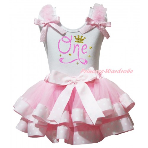 White Tank Top Light Pink Ruffles Pink White Dots Bow & Bling Birthday One Crown Painting & Light Pink White Dots Trimmed Pettiskirt MG3086