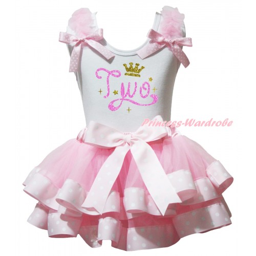 White Tank Top Light Pink Ruffles Pink White Dots Bow & Bling Birthday Two Crown Painting & Light Pink White Dots Trimmed Pettiskirt MG3087