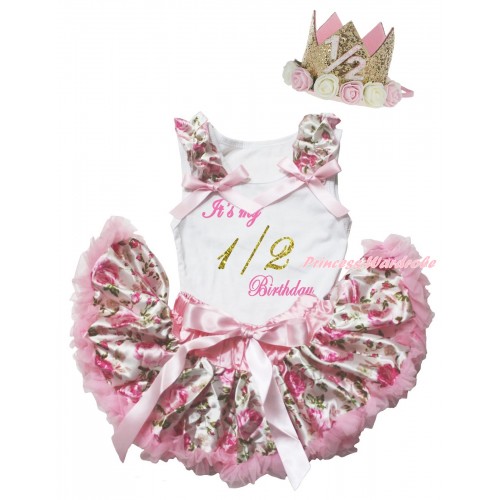 White Baby Pettitop Light Pink Rose Fusion Ruffles Light Pink Bows & It's My 1/2 Birthday Painting & Light Pink Rose Fusion Newborn Pettiskirt & Glitter Rose Floral Gold Crown Headband NG2545