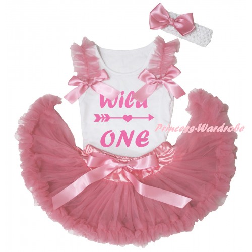 White Baby Pettitop Dusty Pink Ruffles & Bows & Wild One Painting & Dusty Pink Newborn Pettiskirt NG2546