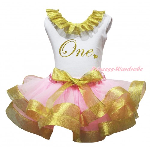 White Baby Tank Top Sparkle Gold Lacing & Sparkle Gold Birthday One Painting & Light Pink Sparkle Gold Trimmed Baby Pettiskirt NG2550
