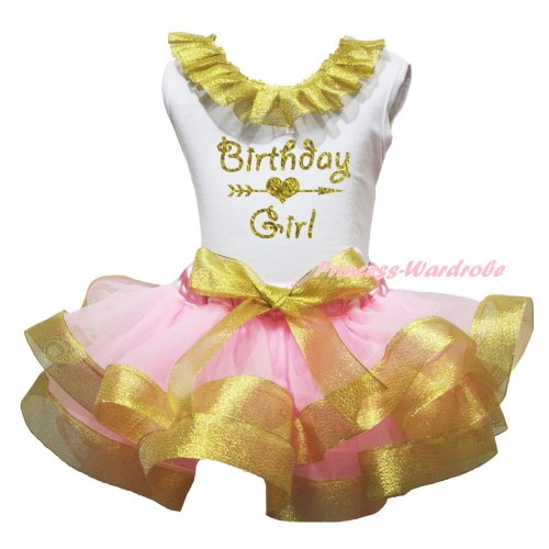 White Baby Tank Top Sparkle Gold Lacing & Birthday Girl Painting & Light Pink Sparkle Gold Trimmed Baby Pettiskirt NG2551