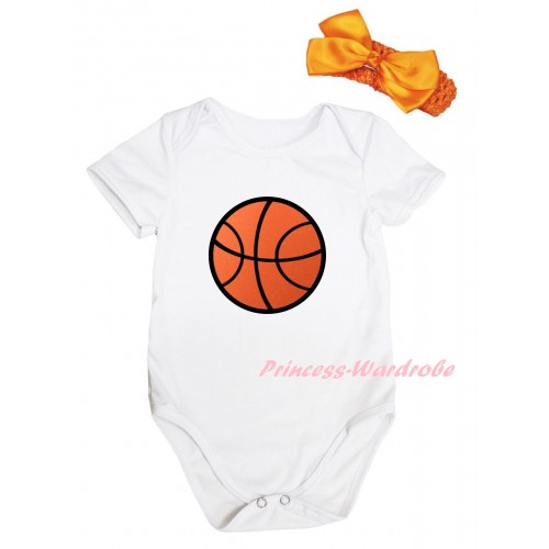 White Baby Jumpsuit & Basketball Print & Orange Headband Bow TH1002
