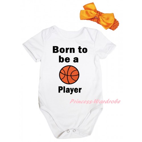White Baby Jumpsuit & Born To Be A Basketball Player Painting & Orange Headband Bow TH1005