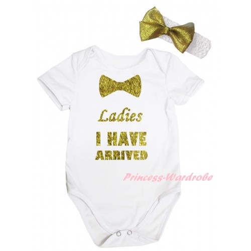 White Baby Jumpsuit & Ladies I Have Arrived Painting & White Headband Gold Bow TH1017