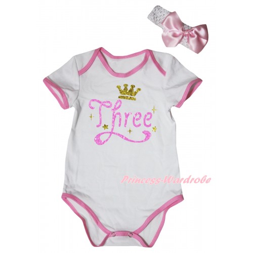 White Light Pink Piping Baby Jumpsuit & Three Crown Painting & Headband TH1025