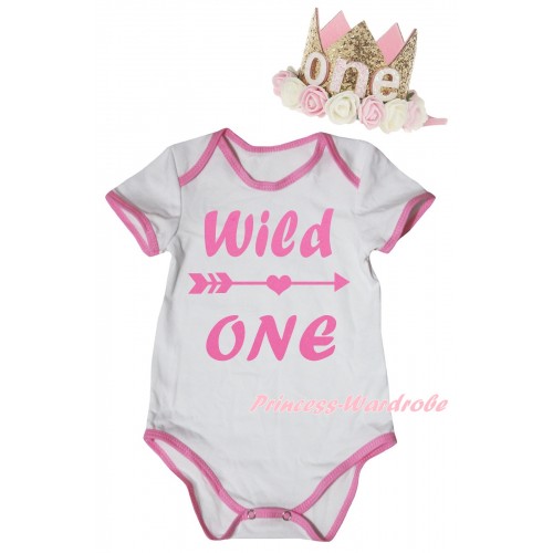 White Light Pink Piping Baby Jumpsuit & Wild One Painting & Glitter Rose Floral Gold Crown Headband TH1030