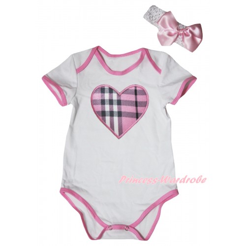 White Light Pink Piping Baby Jumpsuit & Light Pink Checked Heart Print & Headband TH1031