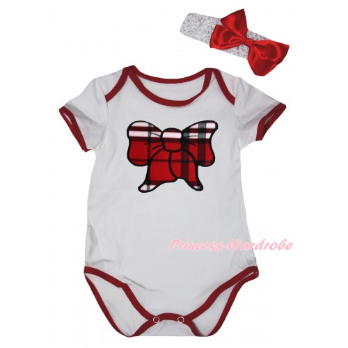White Red Piping Baby Jumpsuit & Red Black Checked Butterfly Print & Headband TH1036