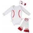 White Baby Jumpsuit & Baseball Painting & Red Headband White Bow & Red Ruffles White Baseball Leg Warmer Set TH1043