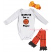 White Baby Jumpsuit & Born To Be A Basketball Player Painting & Orange Headband Bow & Black Ruffles Orange Basketball Leg Warmer Set TH1049