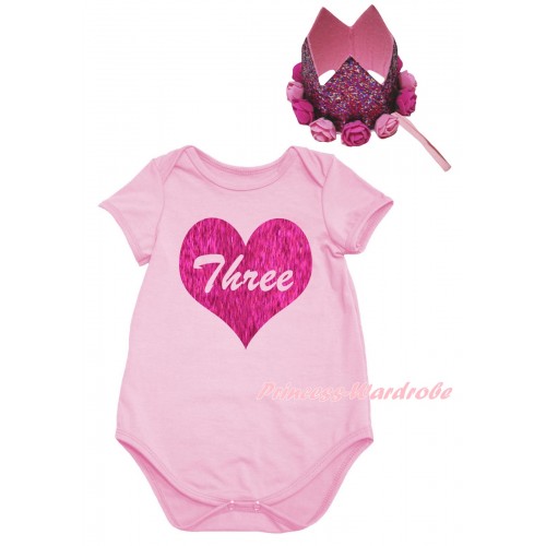 Light Pink Baby Jumpsuit & Three Heart Painting & Glitter Rose Floral Pink Crown Headband TH990