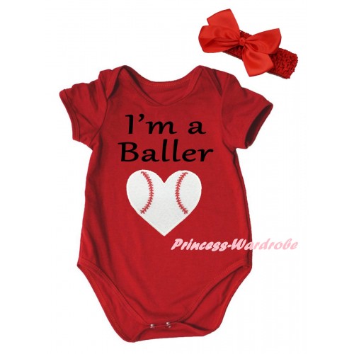 Red Baby Jumpsuit & I'm A Baller Baseball Heart Print & Red Headband Bow TH991
