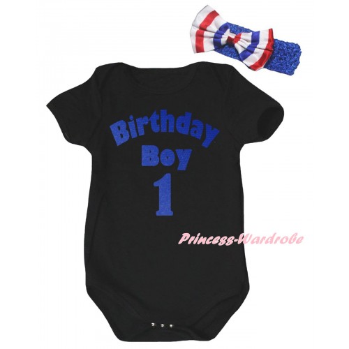 Black Baby Jumpsuit & Birthday Boy One Painting & Blue Headband Bow TH995