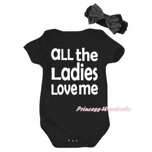 Black Baby Jumpsuit & All The Ladies Love Me Painting & Black Headband Bow TH997