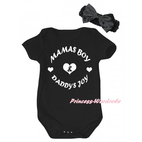 Black Baby Jumpsuit & Mamas Boy And Daddys Joy Painting & Black Headband Bow TH998