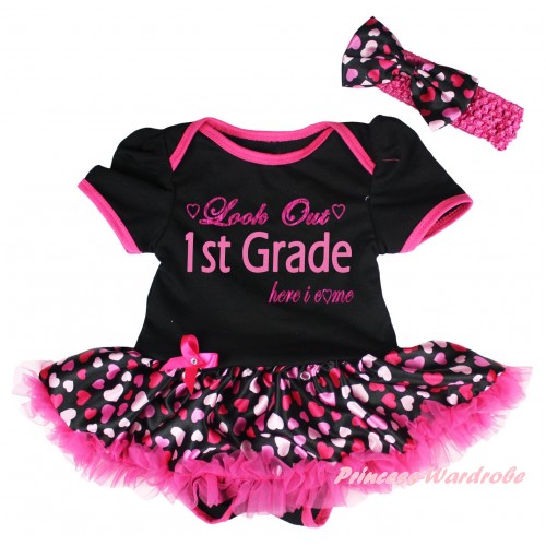 Black Baby Bodysuit Hot Pink Heart Pettiskirt & Look Out 1st Grade Here I Come Painting JS6729