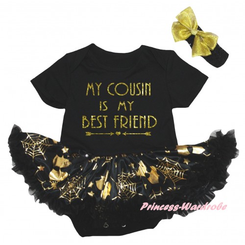 Black Baby Bodysuit Gold Ghost Spider Web Pettiskirt & My Cousin Is My Best Friend Painting JS6737