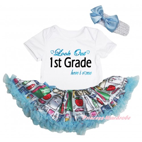 White Baby Bodysuit Light Blue Stationery Pettiskirt & Look Out 1st Grade Here I Come Painting JS6761