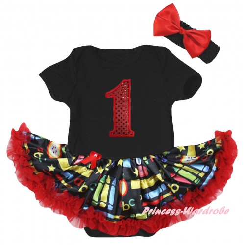 Black Baby Bodysuit Red Stationery Pettiskirt & 1st Red Sequins Birthday Number Print JS6780