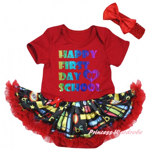 Red Baby Bodysuit Red Stationery Pettiskirt & Happy First Day Of School Painting JS6786