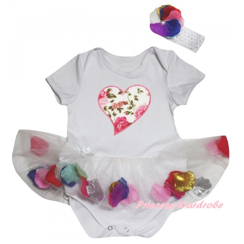 Valentine's Day White Baby Bodysuit White Petals Flowers Pettiskirt & Rosette Heart Print JS6809