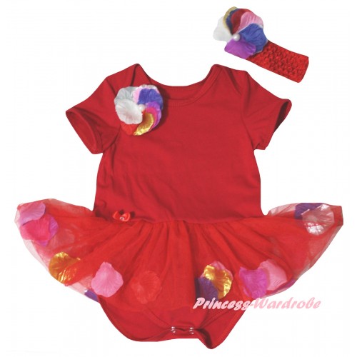 Red Baby Bodysuit Red Petals Flowers Pettiskirt & Rainbow Rosette Print JS6820