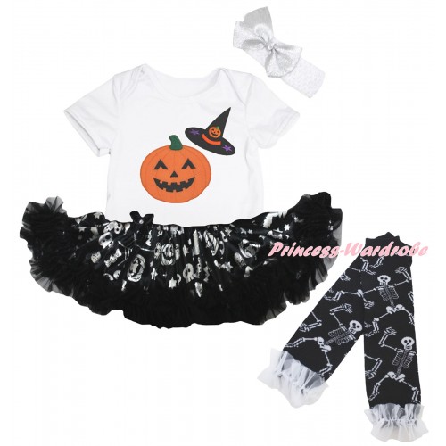 Halloween White Baby Bodysuit Silver Pumpkins Pettiskirt & Pumpkins Hat Print & Warmers Leggings JS6828
