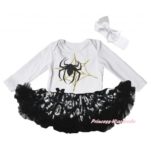 Halloween White Long Sleeve Baby Bodysuit Silver Pumpkins Pettiskirt & Spider Web Painting JS6837