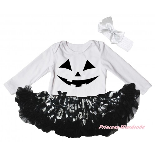 Halloween White Long Sleeve Baby Bodysuit Silver Pumpkins Pettiskirt & Pumpkins Face Painting JS6838