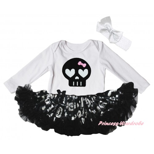 Halloween White Long Sleeve Baby Bodysuit Silver Pumpkins Pettiskirt & Black Skeleton Print JS6842