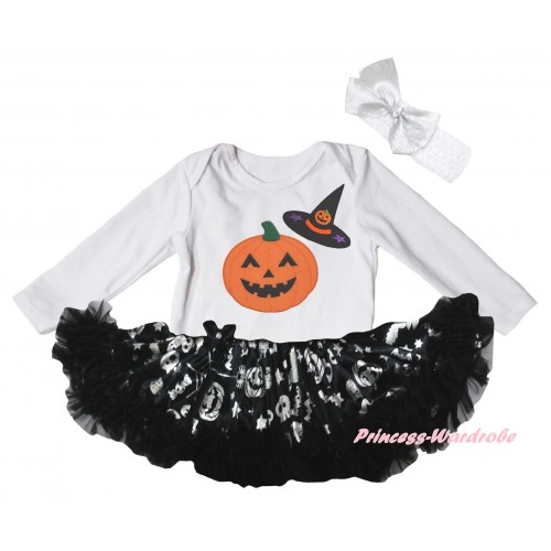 Halloween White Long Sleeve Baby Bodysuit Silver Pumpkins Pettiskirt & Pumpkins Hat Print JS6843