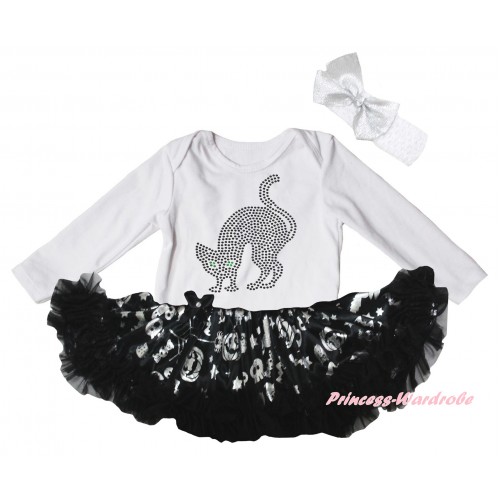 Halloween White Long Sleeve Baby Bodysuit Silver Pumpkins Pettiskirt & Sparkle Rhinestone Black Cat Print JS6844