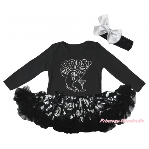 Halloween Black Long Sleeve Baby Bodysuit Silver Pumpkins Pettiskirt & Sparkle Rhinestone BOOS! Print JS6851