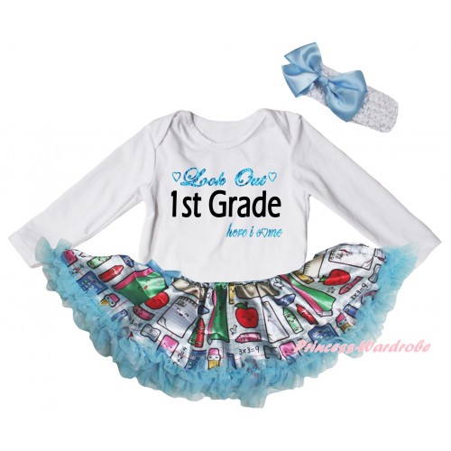 White Long Sleeve Baby Bodysuit Light Blue Stationery Pettiskirt & Look Out 1st Grade Here I Come Painting JS6853