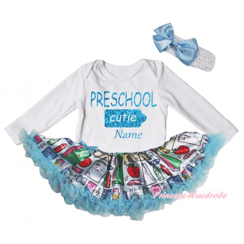 Personalized Custom White Long Sleeve Baby Bodysuit Light Blue Stationery Pettiskirt & Preschool Cutie Baby's Name Painting JS6856