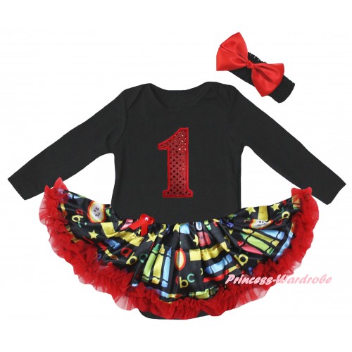 Black Long Sleeve Baby Bodysuit Red Stationery Pettiskirt & 1st Red Sequins Birthday Number Print JS6864
