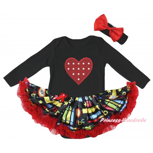 Valentine's Day Black Long Sleeve Baby Bodysuit Red Stationery Pettiskirt & Red White Dots Heart Print JS6865