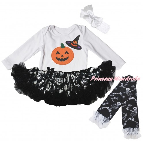 Halloween White Long Sleeve Baby Bodysuit Silver Pumpkins Pettiskirt & Pumpkins Hat Print & Warmers Leggings JS6873