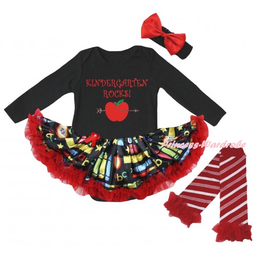 Black Long Sleeve Baby Bodysuit Red Stationery Pettiskirt & Kindergarten Rocks Painting & Warmers Leggings JS6877