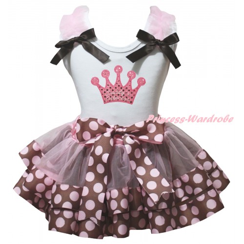 White Pettitop Light Pink Ruffles Brown Bows & Sparkle Pink Daddy's Princess Sequins Crown Print & Brown Pink Dots Trimmed Pettiskirt MG3136