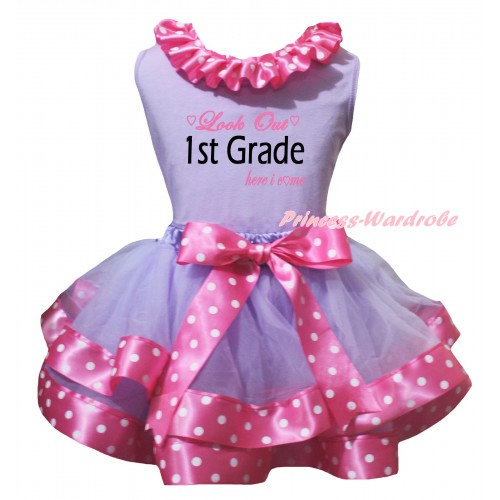 Lavender Pettitop Pink White Dots Lacing & Look Out 1st Grade Here I Come Painting & Lavender Pink White Dots Trimmed Pettiskirt MG3150