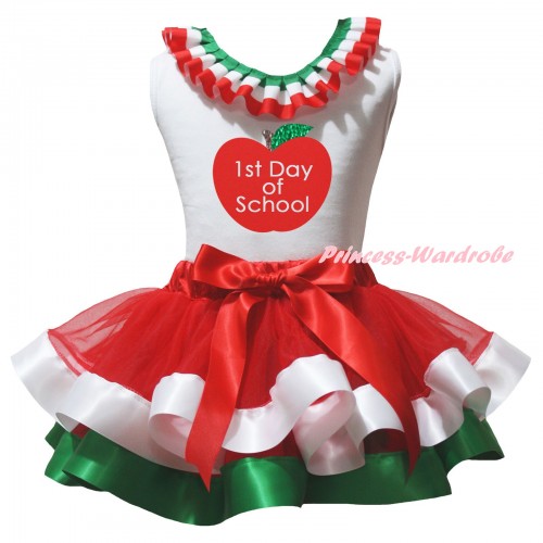White Pettitop Red White Green Lacing & 1st Day of School Painting & Red White Green Trimmed Pettiskirt MG3154