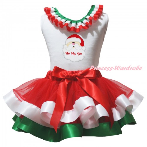 Christmas White Pettitop Red White Green Lacing & Santa Claus Print & Red White Green Trimmed Pettiskirt MG3158